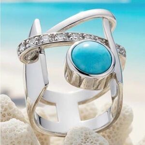 Marahlago Spectacular Sterling Silver, White Topaz and Larimar Stone Ring